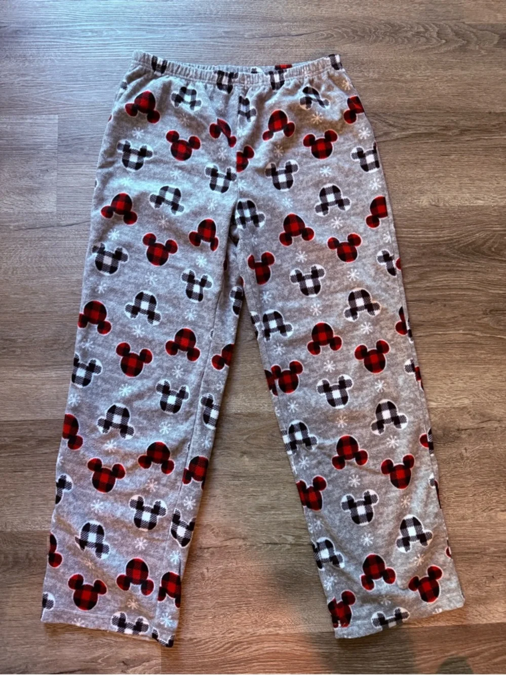 Adult SZ M Disney Grey Fleece Pajama Pants with Red & Black Plaid Mickey Pattern - Picture 1 of 3